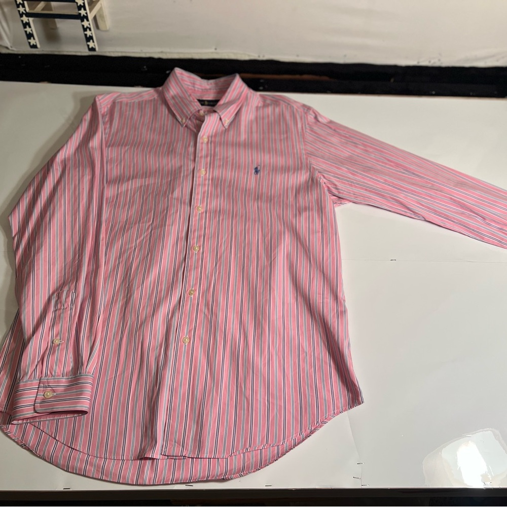 Ralph Lauren Polo 100% Cotton Pink w/blue/white Stripes Lg Men’s Dress Shirt